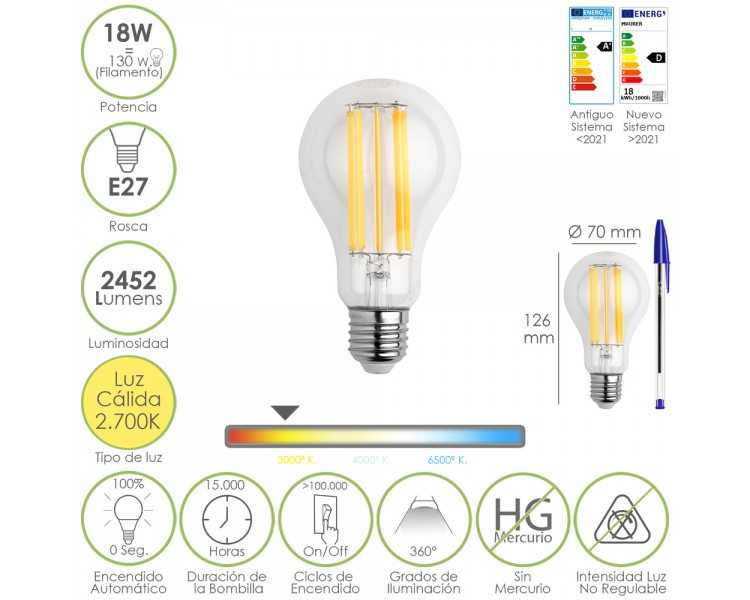Bombilla Led Filamento Standar Rosca E27. 18 Watt. Equivale A 130 Watt. 2462 Lumenes. Luz Calida 2.700 º K.