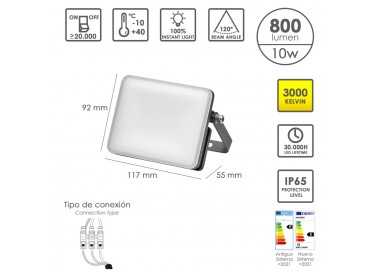 Foco Led Plano Potencia 10 Watt. 800 Lumenes. Luz Calida 3000ºK Protección IP65. Cuerpo Aluminio. Foco Exteriores / Interiores
