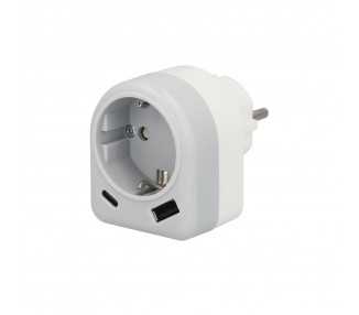 Enchufe / Adaptador Schuko Con 2 Tomas, USB A / C. Potencia Maxima 3680 W. Cargador Moviles, Cargador 2 Tomas, Adaptador Moviles