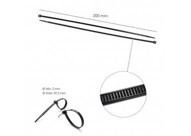 Brida Nylon 100%. Color Negro 4,5 x 200 mm. Bolsa 100 unidades. Abrazadera Plastico, Organizador Cables, Alta Resistencia