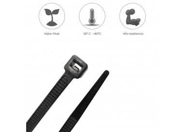 Brida Nylon 100%. Color Negro 4,5 x 200 mm. Bolsa 100 unidades. Abrazadera Plastico, Organizador Cables, Alta Resistencia