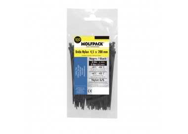 Brida Nylon 100%. Color Negro 4,5 x 200 mm. Bolsa 100 unidades. Abrazadera Plastico, Organizador Cables, Alta Resistencia
