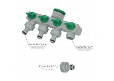 Adaptador Manguera Plastico 3/4" - 1"  4 Vias, Distribuidor 4 vias, Divisor Manguera, Ajuste Independiente, Tomas 1/2+Adaptador