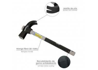 Martillo Uña Mango Fibra Vidrio Mango Fibra Vidrio Con Empuñadura Antideslizante. 600 Gramos 33 cm.