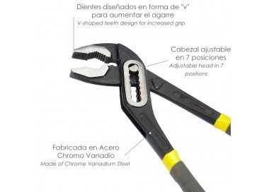 Tenazas Apertura Múltiple Negra 250 mm. Mangos Plastificados DIN 8976. Pico De Loro, Alicates Extensibles, Tenazas Fontanero