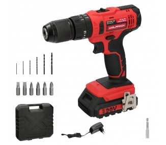 Taladro Atornillador 20 V. Con 2 Velocidades y Percutor. Bateria 2 Ah. Par Apriete 35 Nm.