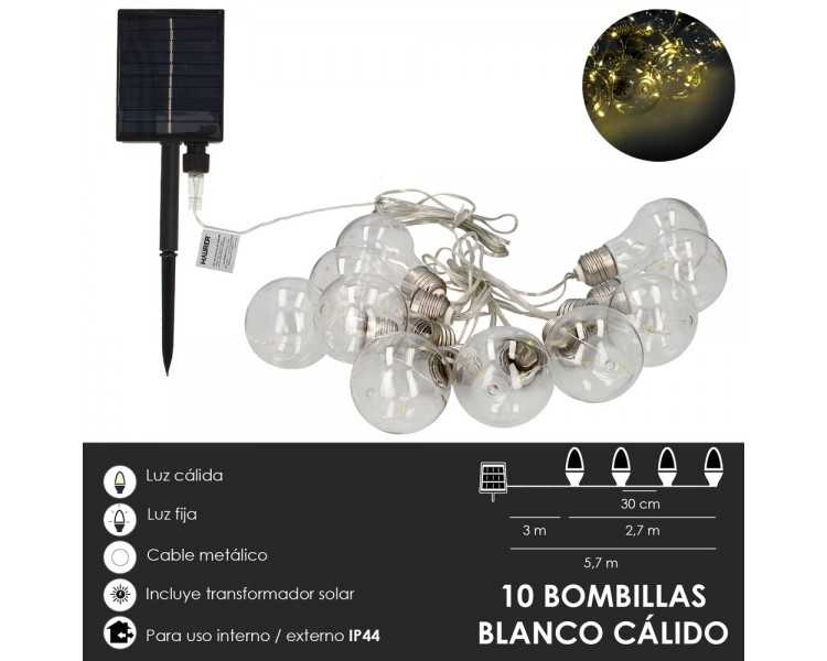 Guirnalda Solar 10 Bombillas / 50 Micro Leds Luz Calida. Bateria Recargable Uso en Exteriores / Interiores Ip44