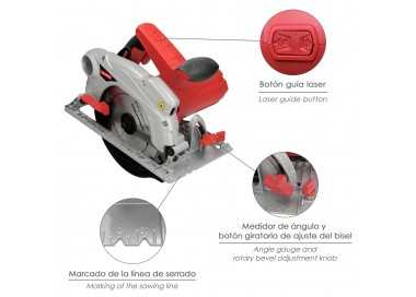 Sierra Circular 1300 Watt. Con Laser Disco 185 mm. 4.700 RPM Corte Inglete Regulador de Profundidad. Ingletadora, Sierra Madera
