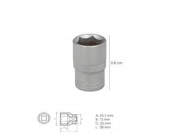 Llave Vaso 1/2" Hexagonal 19 mm. Perfil de 6 caras. Acero Cromo Vanadio, Aristas Redondas