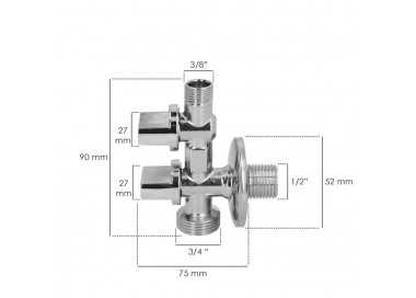 Llave De Escuadra Doble Salida 3/4" y 3/8". Entrada De 1/2". Llave De Paso Doble, Llave Angular Doble, Toma Lavadora Doble.