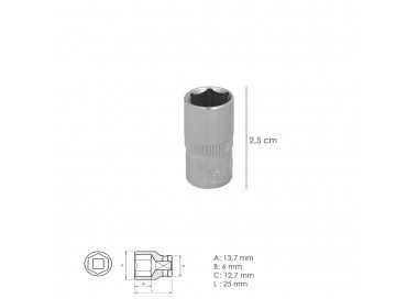 Llave Vaso 1/4" Hexagonal 10 mm. Perfil de 6 caras. Acero Cromo Vanadio, Aristas Redondas