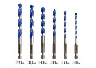 Estuche 5 Brocas Universal Hexagonal  Ø 4 / 5 / 6 / 8 10 mm. Broca Azulejos, Cerámica, Mármol, Hormigón, Metal, Madera, Plástico