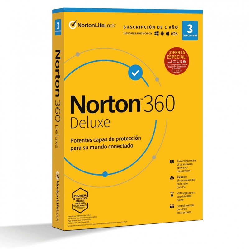 Antivirus norton deluxe 25gb espaÃ±ol 1 usuario 3 dispositivos 1 aÃ±o en caja rsp mm gum