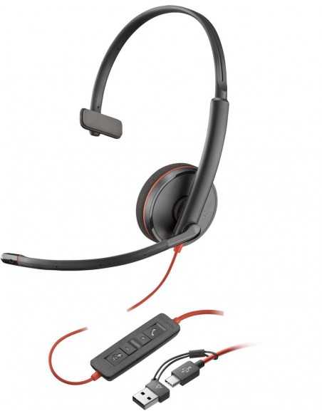 Auriculares poly blackwire 3210 monaural usb - c + adaptador usb - c - a (bulk)