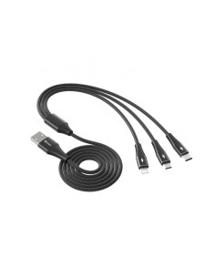 Cable triple qcharx napoli usb a lightning + tipo c + micro 3a - 1.2 m - aleación de aluminio negro cordon suave