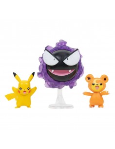 Pack de 3 figuras jazwares pokemon batalla teddiursa pikachu y gastly