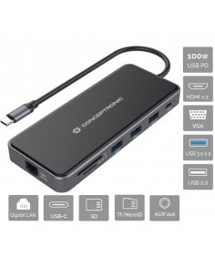 Adaptador conceptronic usb tipo c a gigabit ethernet rj45 - hdmi - vga - con hub usb 3 puertos - usb tipo c - lector de tarjetas