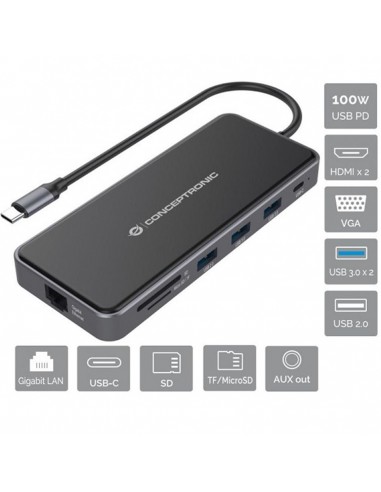 Adaptador conceptronic usb tipo c a gigabit ethernet rj45 - hdmi - vga - con hub usb 3 puertos - usb tipo c - lector de tarjetas