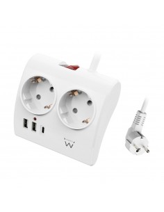 Regleta ewent 2 tomas shucko 2 puertos usb tipo a 1 puerto usb tipo c interruptor blanco