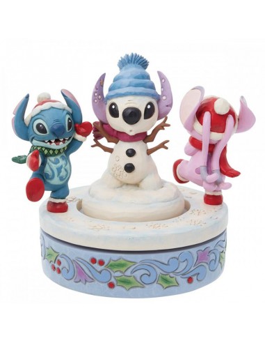 Figura decorativa enesco disney stitch y angel con muÃ±eco de nieve rotativo