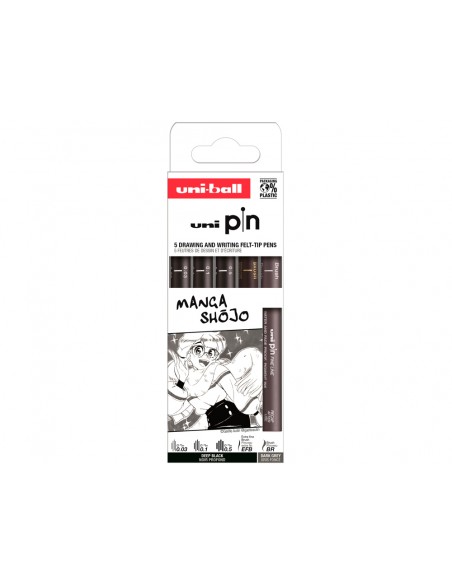 Rotulador uniball pin manga shojo color negro blister de 5 unidades