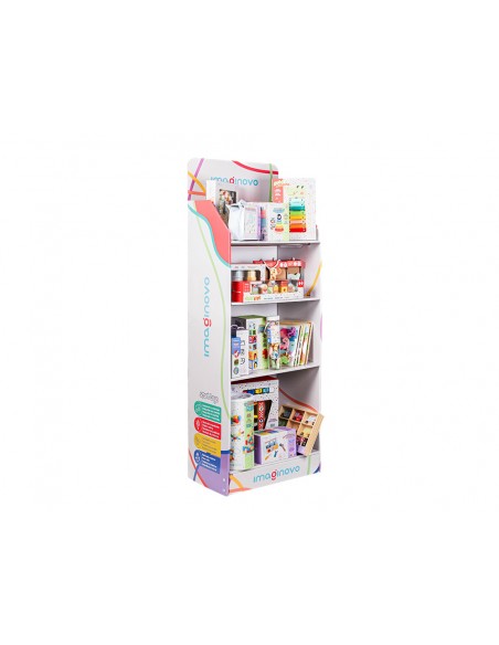 Expositor imaginovo juegos infantiles de suelo carton con 28 juegos y 22 puzles surtidos 60x163x35cm
