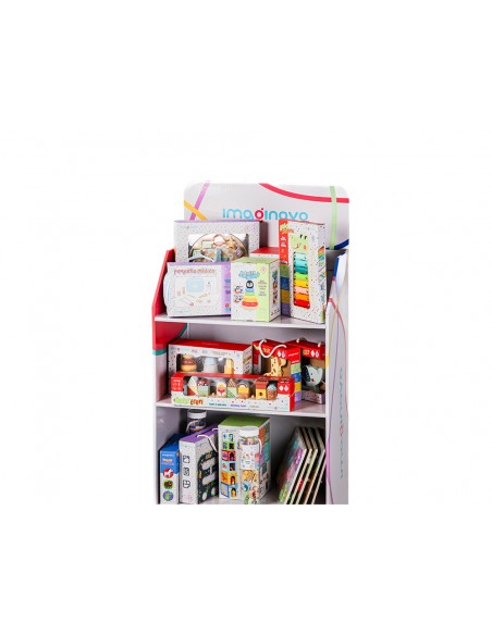 Expositor imaginovo juegos infantiles de suelo carton con 28 juegos y 22 puzles surtidos 60x163x35cm