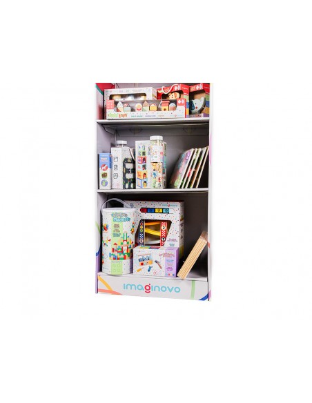 Expositor imaginovo juegos infantiles de suelo carton con 28 juegos y 22 puzles surtidos 60x163x35cm