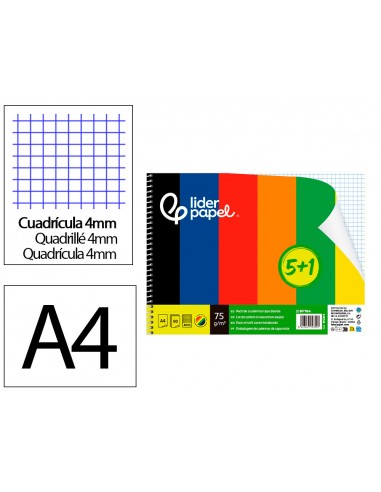 Cuaderno espiral liderpapel din a4 smart tapa blanda 80h 75gr cuadro 4 mm con margen pack 5+1 colores surtidos