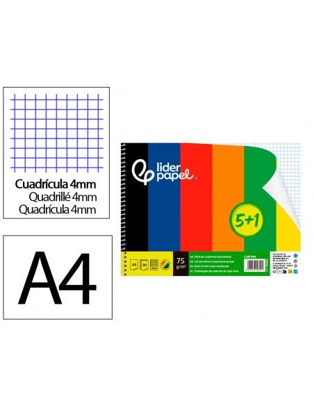 Cuaderno espiral liderpapel din a4 smart tapa blanda 80h 75gr cuadro 4 mm con margen pack 5+1 colores surtidos