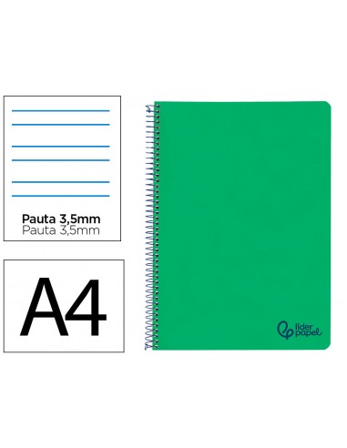 Cuaderno espiral liderpapel a4 wonder tapa plastico 80h 90gr pauta ancha 3,5mm con margen color verde oscuro