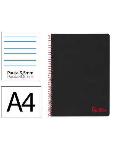 Cuaderno espiral liderpapel a4 wonder tapa plastico 80h 90gr pauta ancha 3,5mm con margen color negro