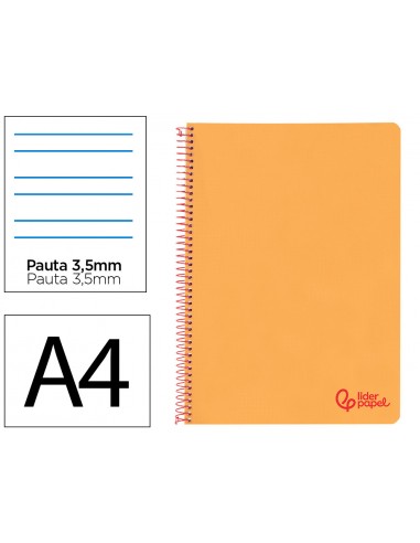 Cuaderno espiral liderpapel a4 wonder tapa plastico 80h 90gr pauta ancha 3,5mm con margen color naranja