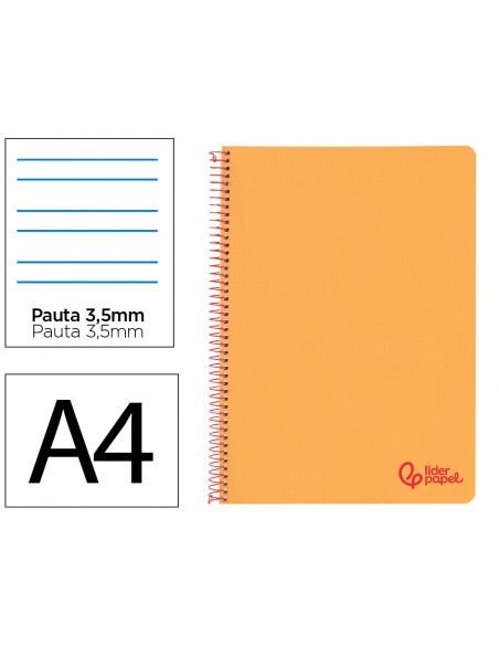 Cuaderno espiral liderpapel a4 wonder tapa plastico 80h 90gr pauta ancha 3,5mm con margen color naranja