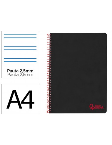Cuaderno espiral liderpapel a4 wonder tapa plastico 80h 90gr pauta estrecha 2,5mm con margen color negro