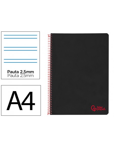Cuaderno espiral liderpapel a4 wonder tapa plastico 80h 90gr pauta estrecha 2,5mm con margen color negro