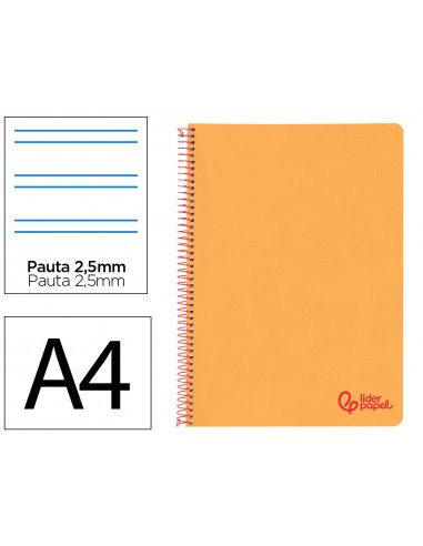 Cuaderno espiral liderpapel a4 wonder tapa plastico 80h 90gr pauta estrecha 2,5mm con margen color naranja
