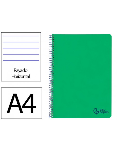 Cuaderno espiral liderpapel a4 wonder tapa plastico 80h 90gr rayado horizontal con margen color verde oscuro