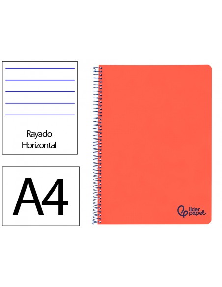 Cuaderno espiral liderpapel a4 wonder tapa plastico 80h 90gr rayado horizontal con margen color rojo