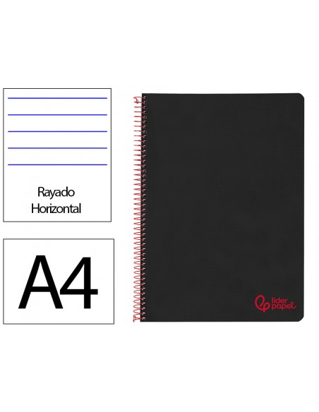 Cuaderno espiral liderpapel a4 wonder tapa plastico 80h 90gr rayado horizontal con margen color negro