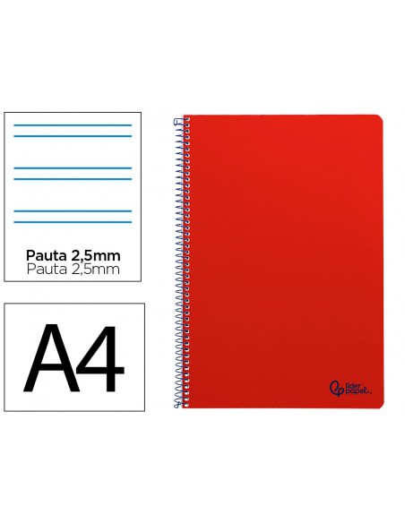Cuaderno espiral liderpapel a4 smart tapa blanda 80h 75gr pauta 3,5mm con margen color rojo