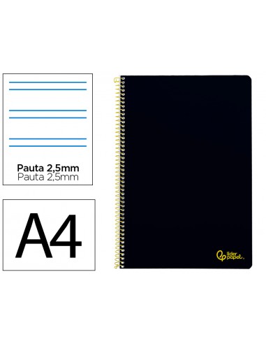 Cuaderno espiral liderpapel a4 smart tapa blanda 80h 75gr pauta 3,5mm con margen color negro