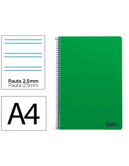 Cuaderno espiral liderpapel a4 smart tapa blanda 80h 75gr pauta 2,5mm con margen color verde