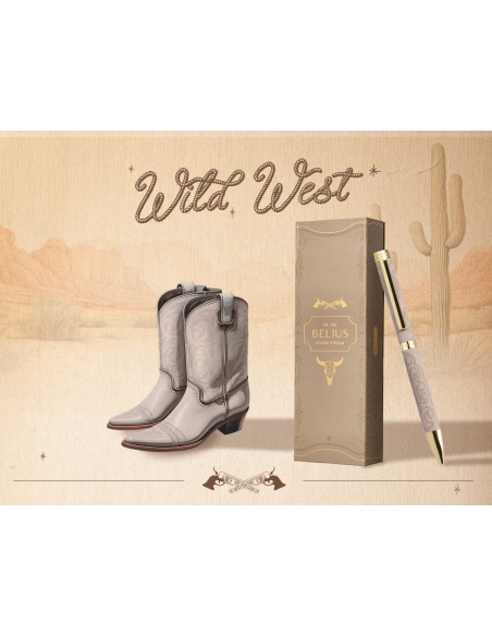 Boligrafo belius wild west aluminio color beige dorado tinta color azul caja de diseño
