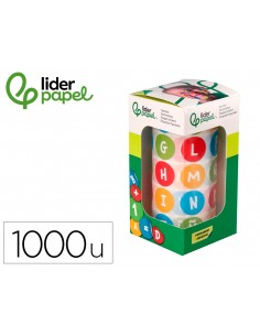 Gomets liderpapel autoadhesivo redondo abecedario 20 mm colores surtidos rollo de 1000 unidades en caja de carton