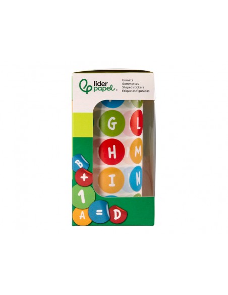 Gomets liderpapel autoadhesivo redondo abecedario 20 mm colores surtidos rollo de 1000 unidades en caja de carton