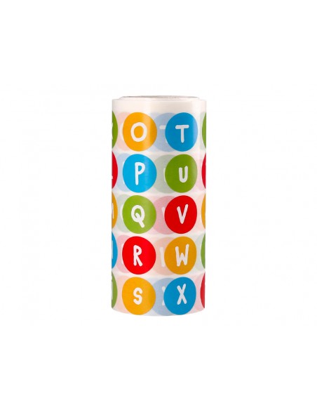 Gomets liderpapel autoadhesivo redondo abecedario 20 mm colores surtidos rollo de 1000 unidades en caja de carton
