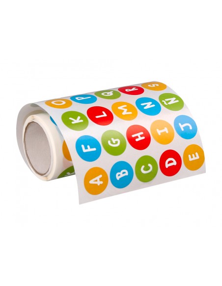 Gomets liderpapel autoadhesivo redondo abecedario 20 mm colores surtidos rollo de 1000 unidades en caja de carton