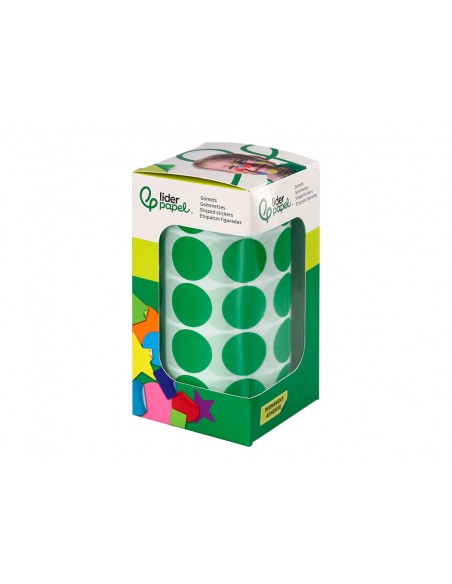 Gomets liderpapel autoadhesivo circulos 20 mm verde rollo de 2000 unidades en caja de carton