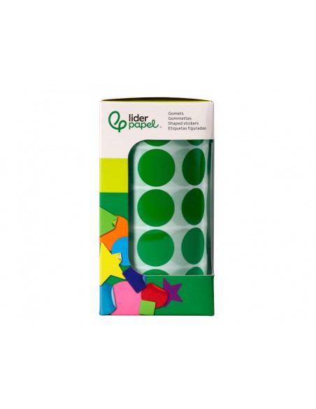 Gomets liderpapel autoadhesivo circulos 20 mm verde rollo de 2000 unidades en caja de carton